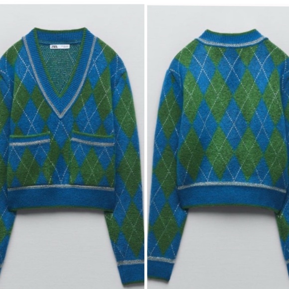 NWT Zara Metallic Thread Argyle Knit Sweater Size Small Blue/Green - Picture 3 of 6